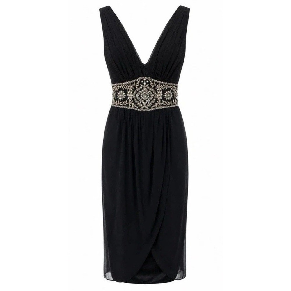 NWT Mandalay Black Silk Cocktail Evening Gown Silver Beaded Dress Womens 10